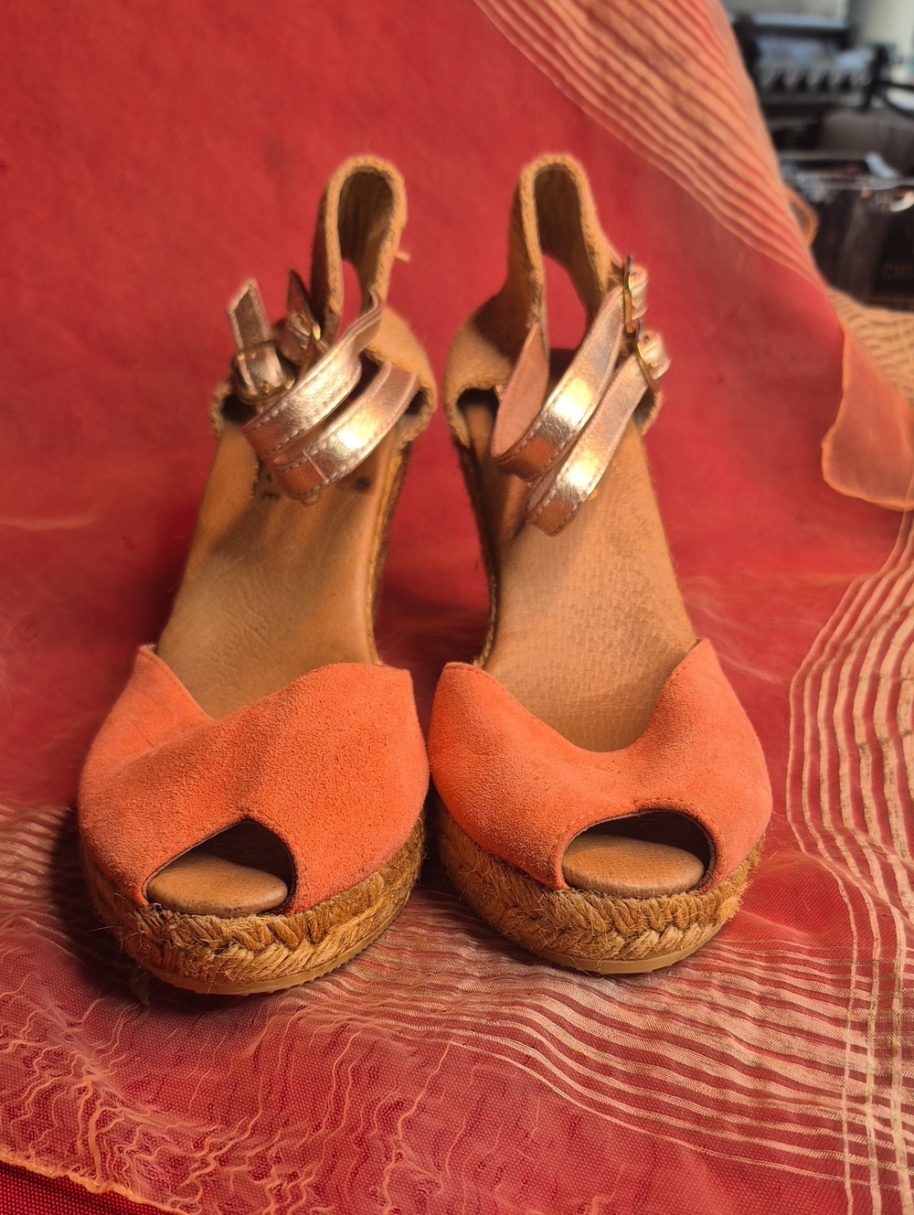 Womens Gaimo For Office London Coral Suede Peep-Toe Espadrilles Like NEW Size 37